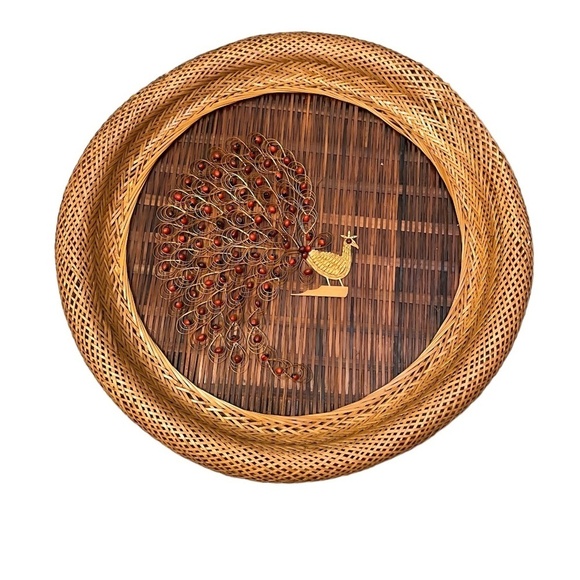 SET OF TWO Vintage 1970s Wicker Peacock Wall Hanging Boho Rattan Woven Art - Picture 4 of 13